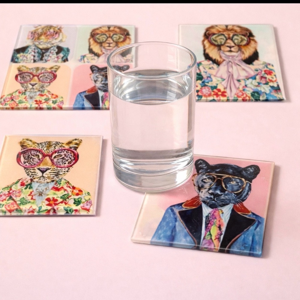 Colorful Animal Portrait Glass Coasters Set set of 4